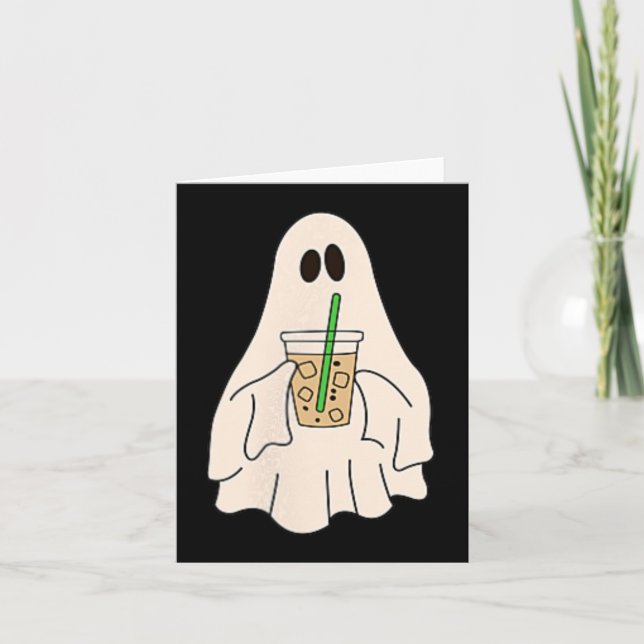 Little Ghost Drinking Iced Coffee Halloween Spooky Card (Front)