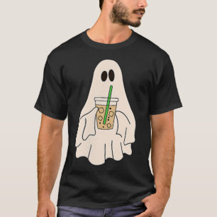 Little Ghost Drinking Iced Coffee Halloween Spooky T-Shirt