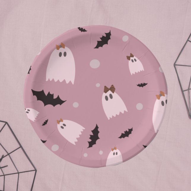 Little ghosts with bows pink Halloween  Paper Plate (Creator Uploaded)