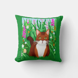 Little Ginger Brown Kitty in a Field of Flowers Cushion