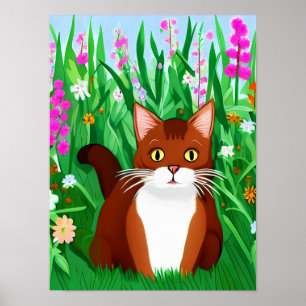 Little Ginger Brown Kitty in a Field of Flowers Poster