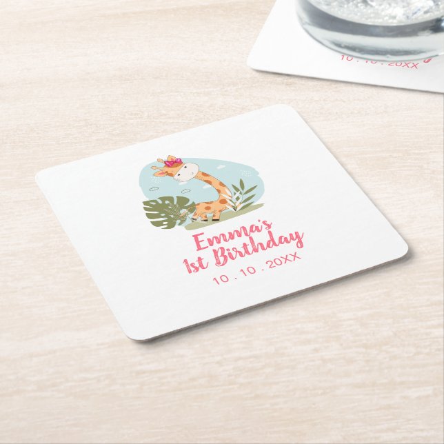 Little Giraffe (Girl Safari Animal) Birthday Square Paper Coaster (Angled)