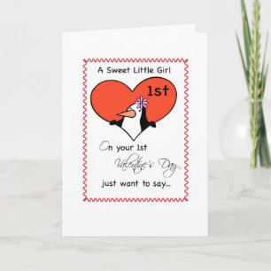 Little Girl 1st Valentine's Day Cute Penguin Holiday Card