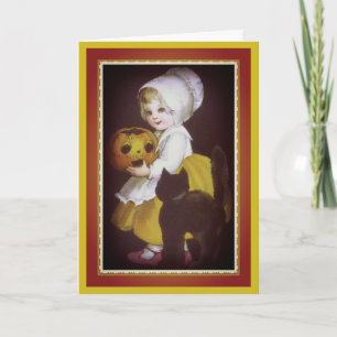 Little Girl and Black Cat Vintage Halloween Card