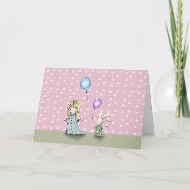 Little Girl and Bunny With Balloons Birthday Card (Front)