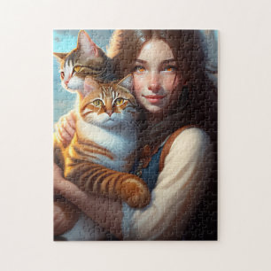 LITTLE GIRL AND CATS ART CAT JIGSAW PUZZLE