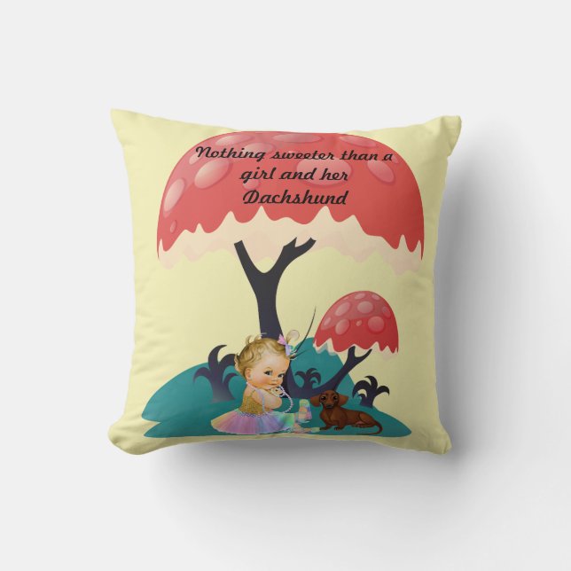Little Girl and Dachshund Throw Pillow (Front)