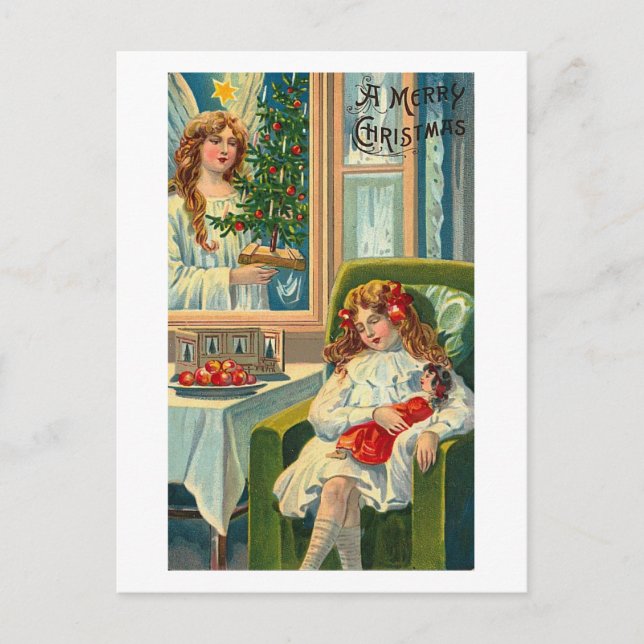Little Girl and Doll, Angel In Window Postcard (Front)