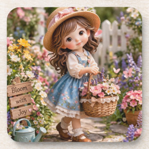 Little girl and her flower garden coaster
