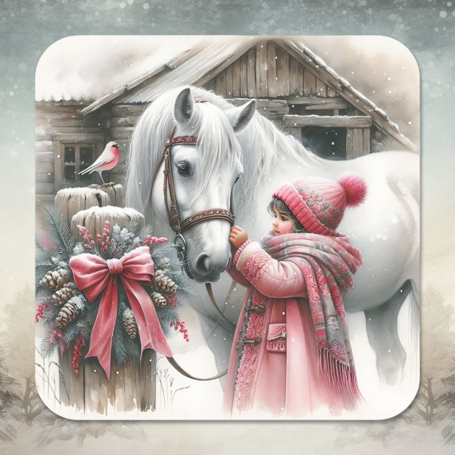Little Girl and her Horse Festive Christmas Square Sticker (Creator Uploaded)
