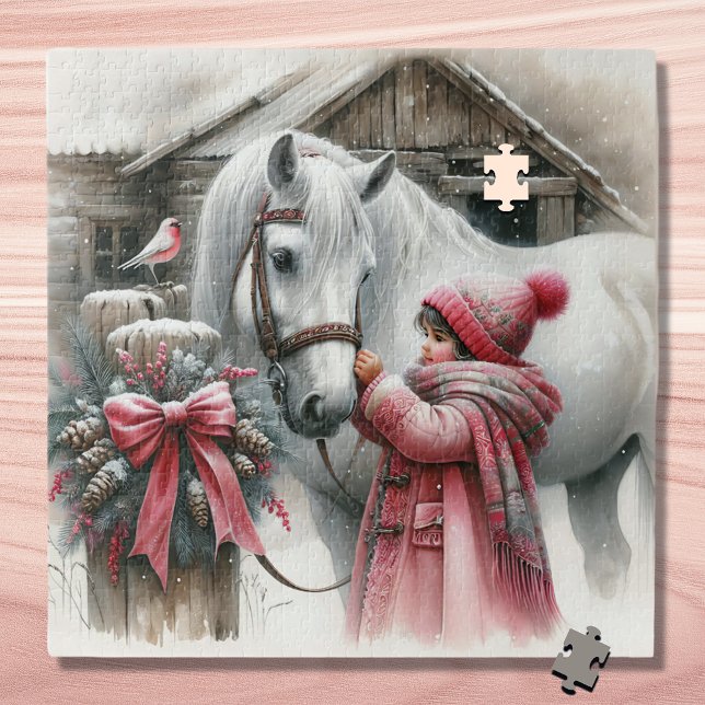Little Girl and her Horse Rustic Christmas Jigsaw Puzzle (Creator Uploaded)
