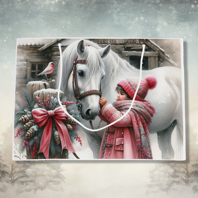 Little Girl and her Horse Rustic Christmas Large Gift Bag (Creator Uploaded)