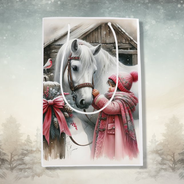 Little Girl and her Horse Rustic Christmas Medium Gift Bag (Creator Uploaded)