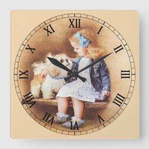 Little Girl and Her Puppy Dog Roman Numeral Square Wall Clock
