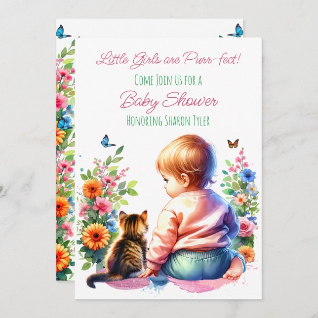 Little Girl and Kitten | Watercolor Baby Shower Invitation (Front/Back)