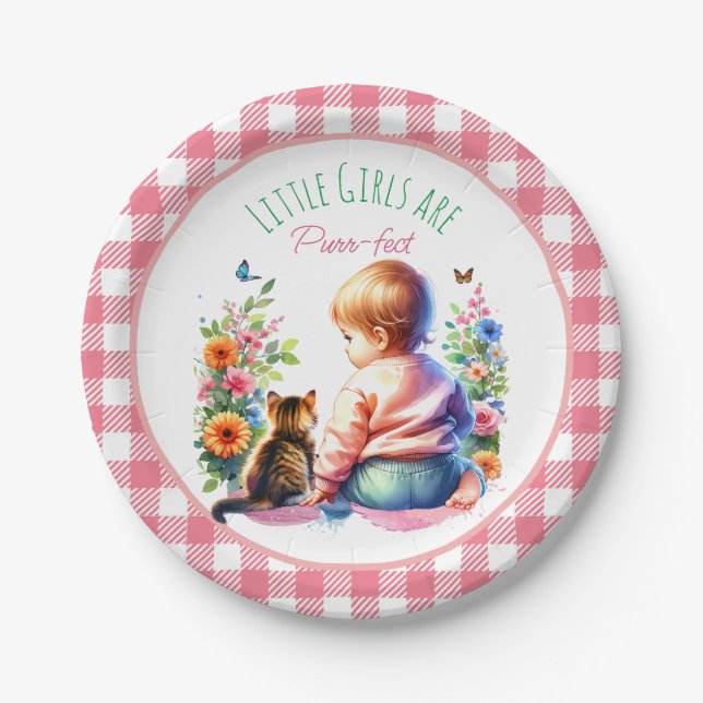 Little Girl and Kitten | Watercolor Baby Shower Paper Plate (Front)