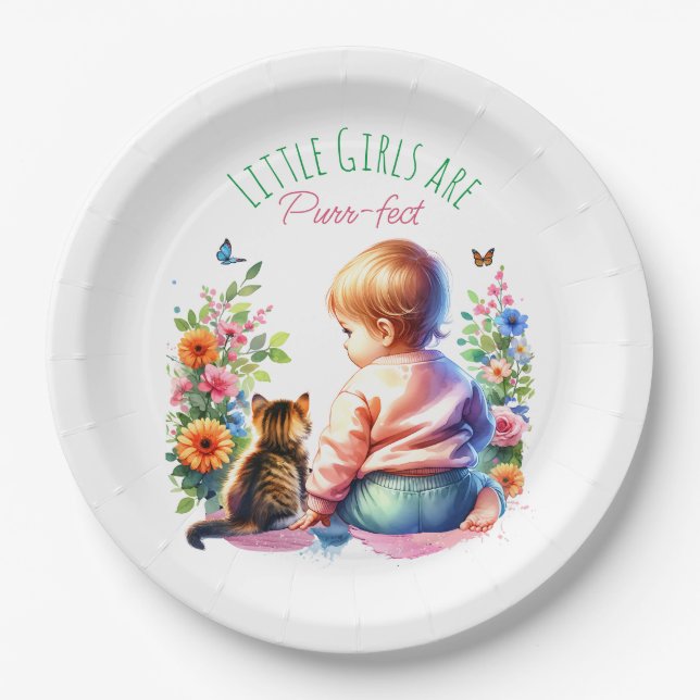 Little Girl and Kitten | Watercolor Baby Shower Paper Plate (Front)
