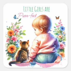 Little Girl and Kitten   Watercolor Baby Shower Square Sticker
