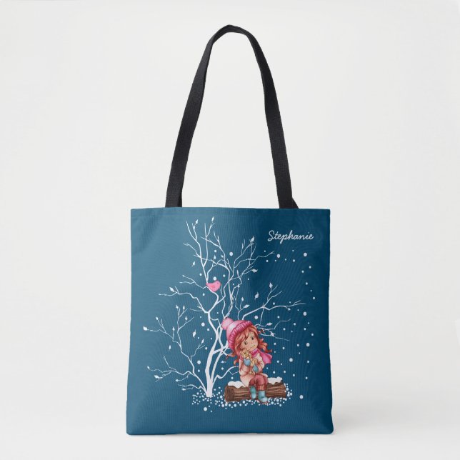 Little Girl and Kitty. Custom Name Christmas Gift  Tote Bag (Front)
