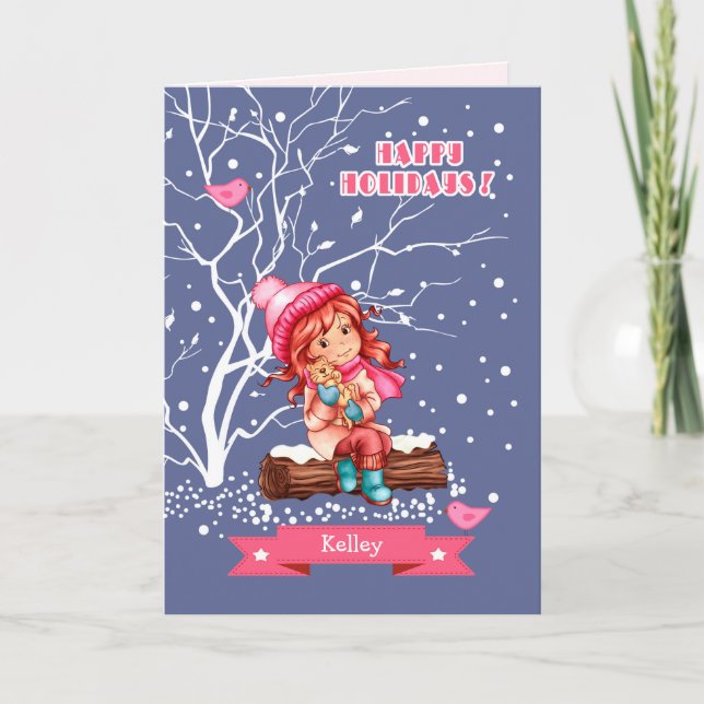 Little Girl and Kitty | Custom Name Christmas  Holiday Card (Front)