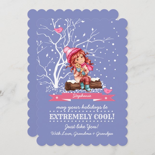 Little Girl and Kitty | Custom Name  Holiday Card (Front/Back)