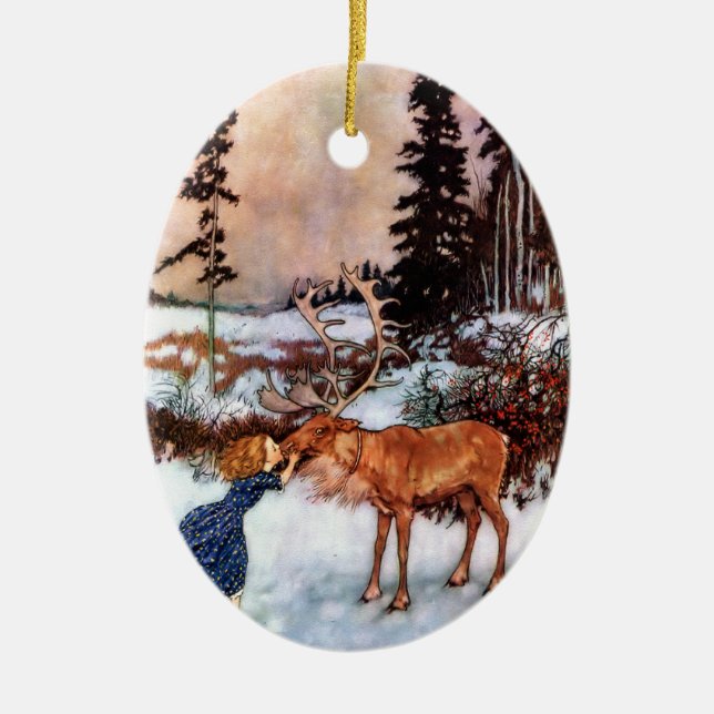 Little Girl and Moose Ceramic Tree Decoration (Front)