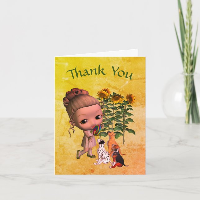 Little Girl And Puppies Thank You Card (Front)