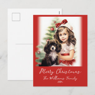 Little Girl and Puppy Photo Christmas Postcard