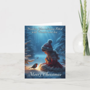 Little Girl and Robin Snow Scene Christmas Card