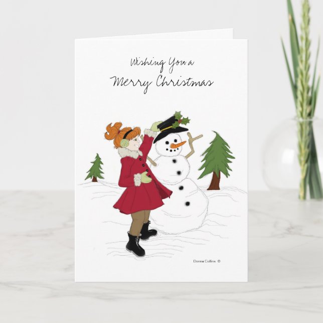 Little Girl and Snowman Christmas Card (Front)