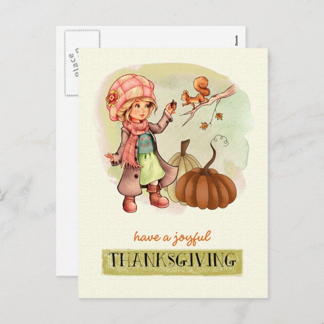 Little Girl and Squirrel Custom Thanksgiving Holiday Postcard (Front/Back)