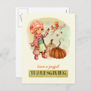 Little Girl and Squirrel Custom Thanksgiving Holiday Postcard