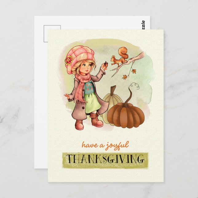 Little Girl and Squirrel Thanksgiving Postcards (Front/Back)