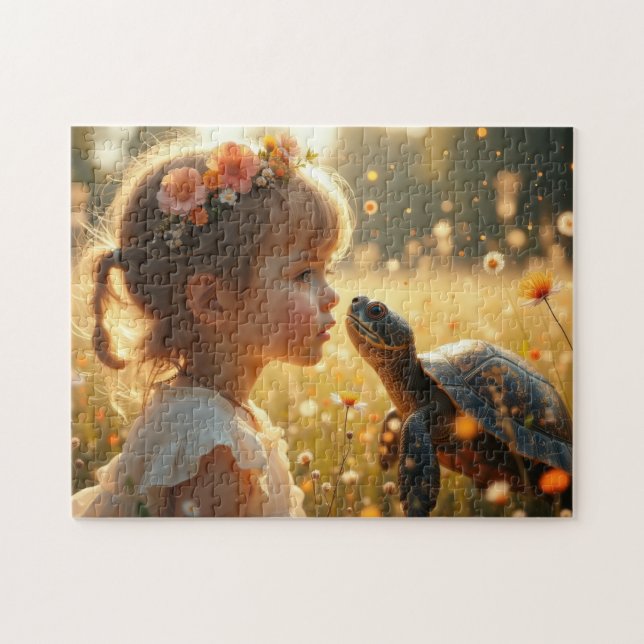 Little girl and the turtle in the wildflowers jigsaw puzzle (Horizontal)