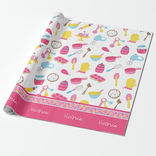 Little Girl Baker Pink Cooking Pattern Chef Kid Wrapping Paper (Unrolled)