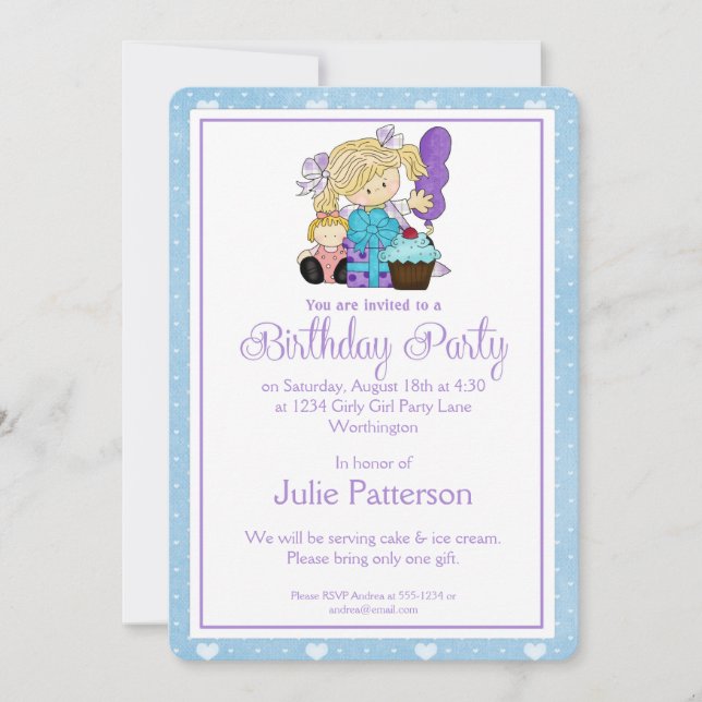 Little Girl Birthday Party Invitation Blue 2 (Front)