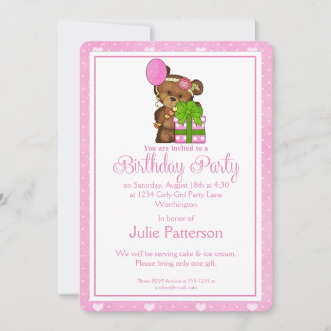 Little Girl Birthday Party Invitation Girly Bear 1 (Front)