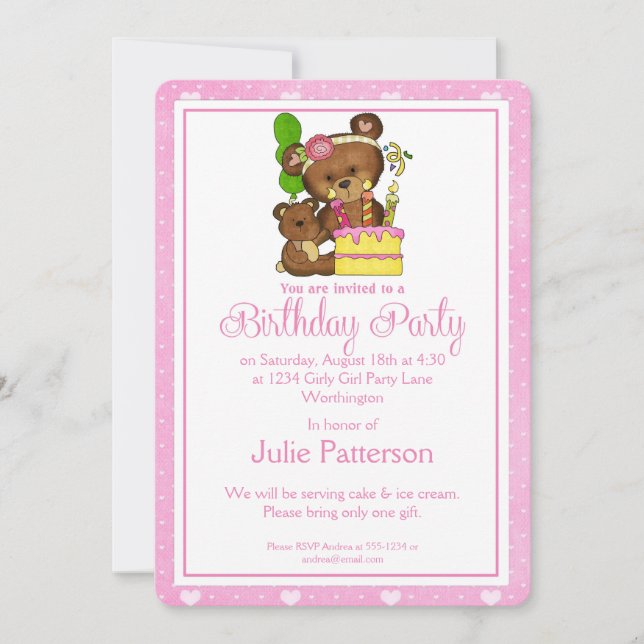 Little Girl Birthday Party Invitation Girly Bear 3 (Front)