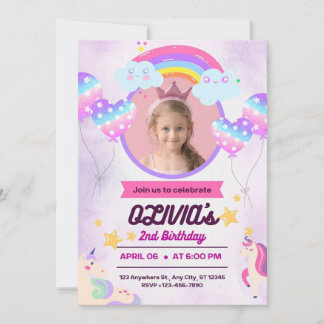  Little Girl Birthday Unicorn Party  Invitation