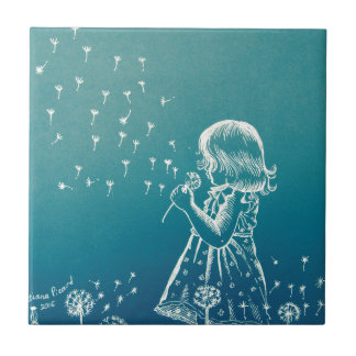 Little girl blowing on a dandelion ceramic tile