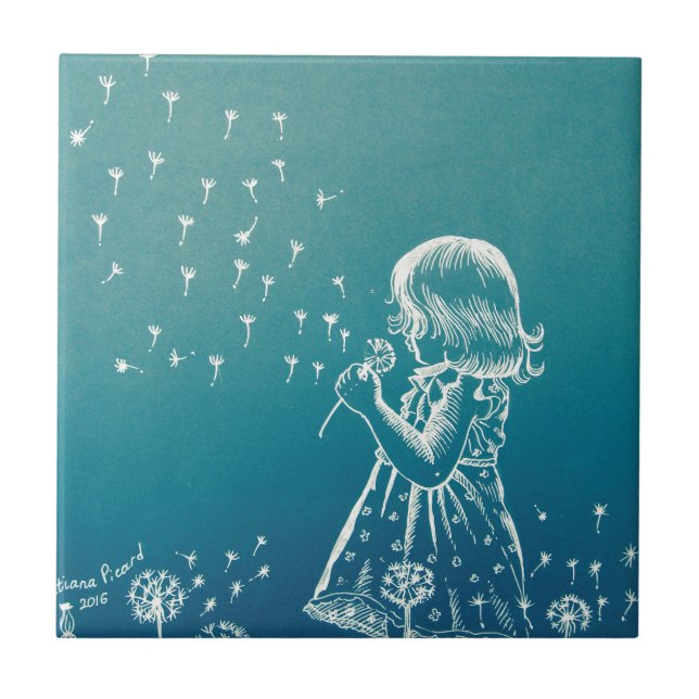 Little girl blowing on a dandelion ceramic tile (Front)