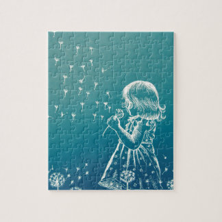 Little girl blowing on a dandelion jigsaw puzzle