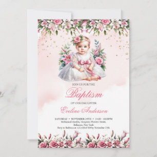 Little girl blush roses floral Baptism invitation