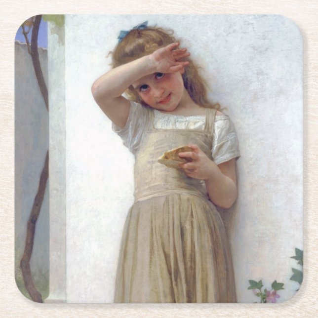 Little Girl, Bouguereau Square Paper Coaster (Front)