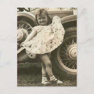 little girl by car with dress post card