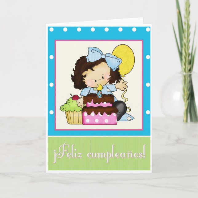 Little Girl Cake Spanish Happy Birthday Card 1 (Front)