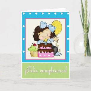 Little Girl Cake Spanish Happy Birthday Card 1