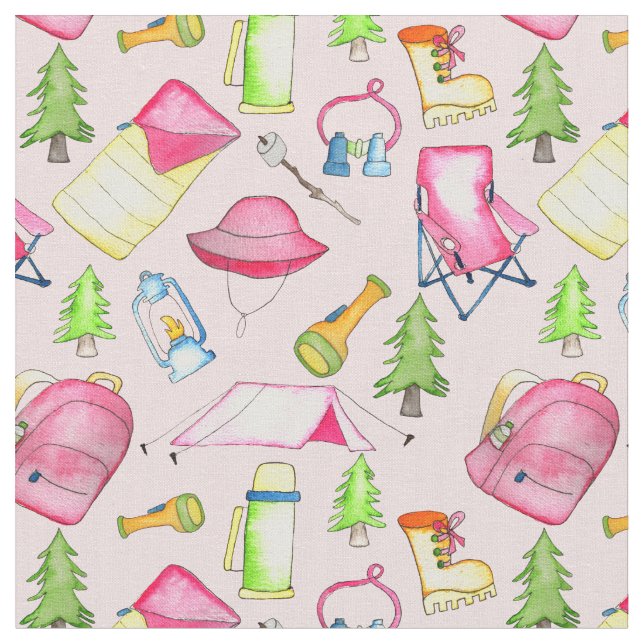 Little Girl Camping Themed Gear Pink Fabric (Close Up)