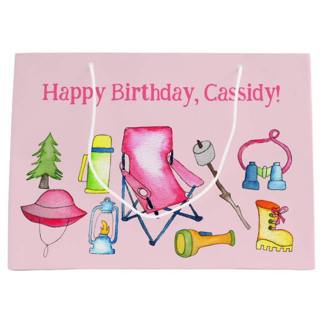 Little Girl Camping Themed Personalised Large Gift Bag (Front)