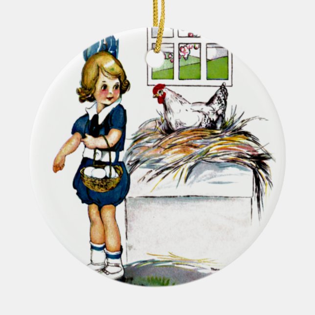 Little girl collecting eggs ceramic ornament (Front)